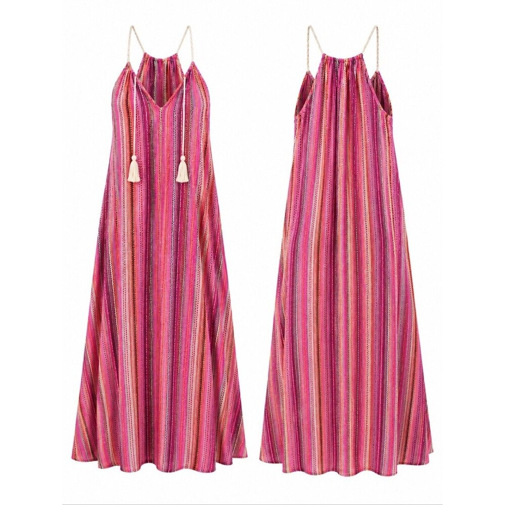 Boho Sunset Striped Maxi Dress Cover-Up | Women's Large | Flowy Beach Vacation - Picture 4 of 9